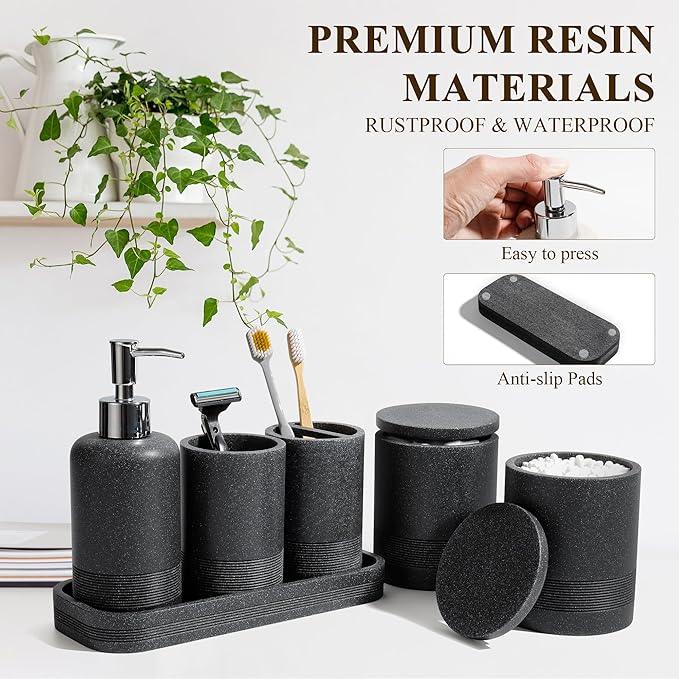 Bathroom Accessories Set, 6-Piece Bathroom Accessory Set, Toothbrush Holders Set, Soap Dispenser, Vanity Tray, Tumbler, Cotton Swab Jars, Bathroom Organizer for Modern Bathrooms(Black) - ModernBath
