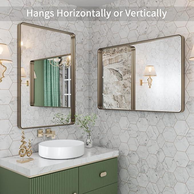 LOAAO 24”X32” Bronze Bathroom Mirrors for Vanity, Rounded Rectangle Brushed Bronze Metal Frame Mirror, Anti-Rust, Hangs Horizontally or Vertically - ModernBath