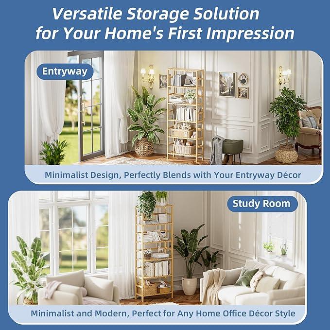 HITNET Bamboo Shelf, 6-Tier Adjustable Tall Open Bookcase, Bathroom Storage Rack Freestanding Shelving Unit, Plant Display Stand for Small Space, Natural - ModernBath