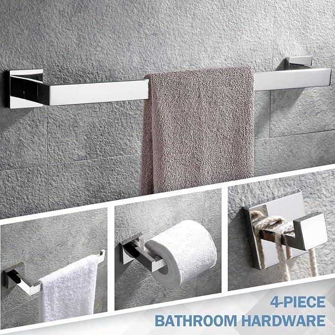 VELIMAX Premium Stainless Steel 4 Pieces Bathroom Hardware Accessories Set Wall Mounted Towel Bar Set, Polished, 24-Inch - ModernBath