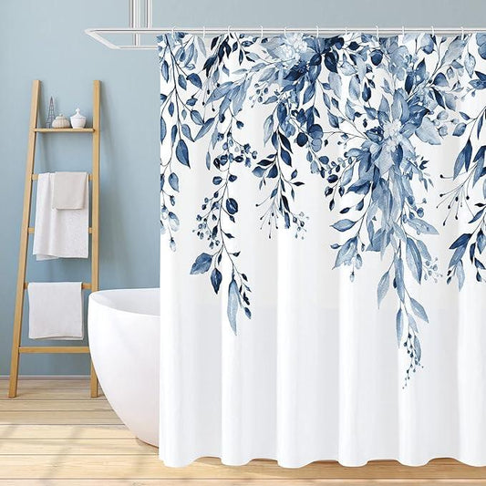 Gibelle Long Shower Curtain 72 x 78, Navy Blue Floral Shower Curtain for Bathroom, Watercolor Plant Eucalyptus Leaves Fabric Shower Curtain Set - ModernBath
