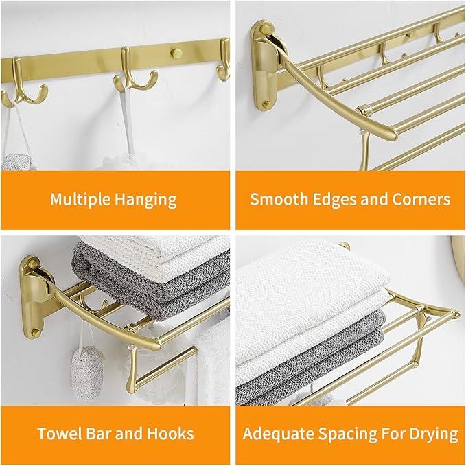 BESy 24 Inch Brushed Gold Towel Racks, Bathroom Towel Shelf with Foldable Towel Bar Holder and Towel Hooks, Wall Mounted Multifunctional Bathroom Accessories, Double Towel Bars - ModernBath