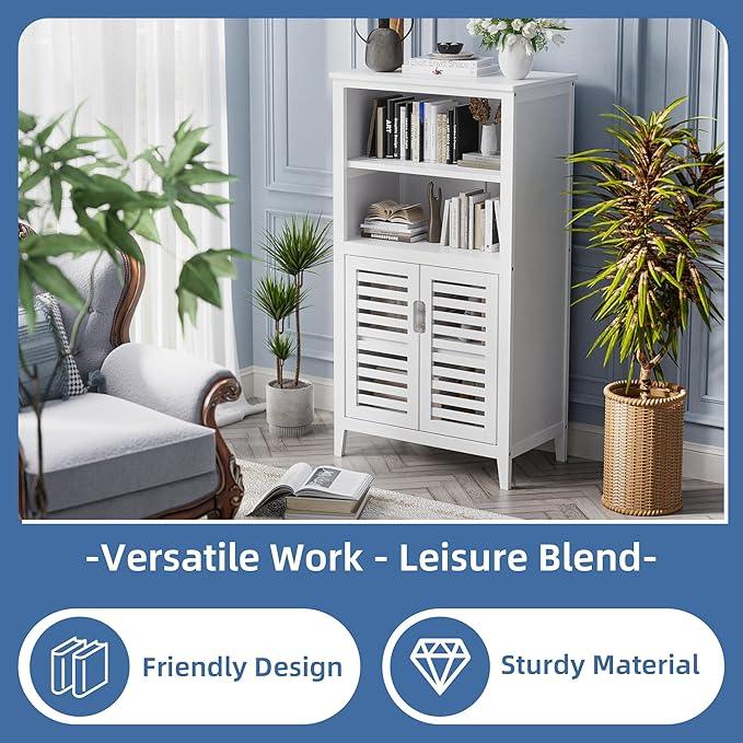 HITNET White Bathroom Cabinet, Bamboo Storage Cabinet Freestanding, Side Tall Storage Organizer for Kitchen Living Room Entryway - ModernBath