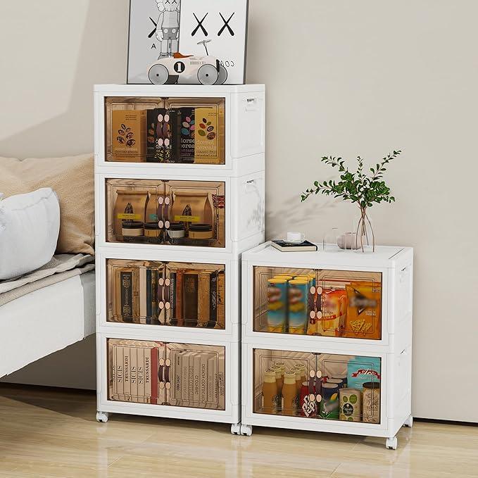 Storage Bins with 2 Lids and Wheels, 270QT-45QT*6Tier Collapsible Bathroom Storage Cabinet with Clear Doors, Plastic Stackable Closet Organizers and Containers White - ModernBath