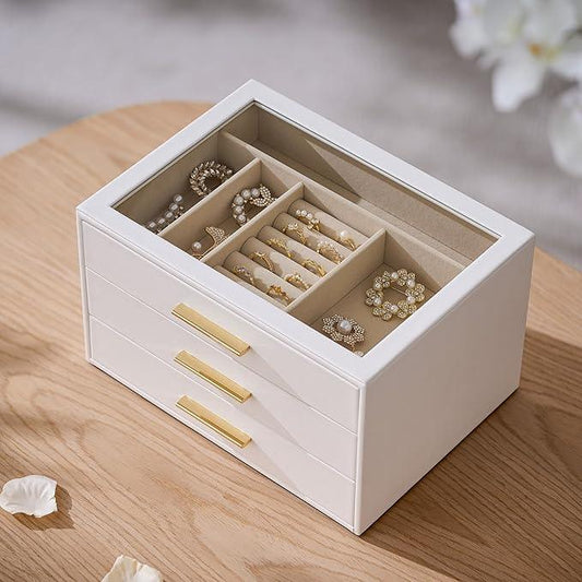 pickpiff Jewelry Box Organizer Case for Women: 3-Layer Jewelry Storage Case with Glass Window, Pure White Leather with Velvet Holder for Ring Necklace Bracelet Brooch Watch, Great Gift for Her - ModernBath
