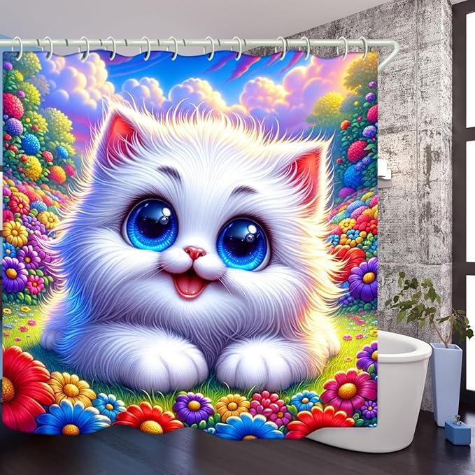 LYFANS Bathroom Using White Cat 3D Shower Curtains, Deluxe Bathtub Standard Shower Curtain, Waterproof and Bright Fabric Shower Curtain Size (72x72 Inches) - ModernBath