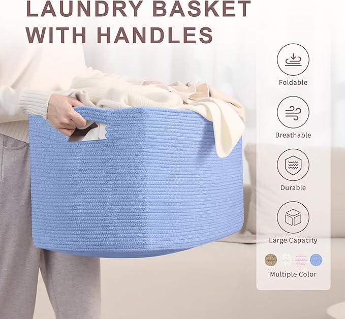 86L Large Baby Girls Laundry Basket for Nursery Storage,Cute Woven cotton Rope Baskets for Kids Toy，Gifts, Boho Square Wicker Blanket hamper for Living Room,Bedroom Dirty Clothes,Blue Purple - ModernBath