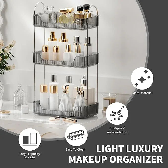 YCIA&DONE Bathroom Organizer Countertop, Makeup Storage, Skincare Cosmetic Tray Shelf, Perfume Holder Rack for Vanity Counter, Large Capacity, Easy to Install, Clean, 3 Tiers, Smoky Gray - ModernBath