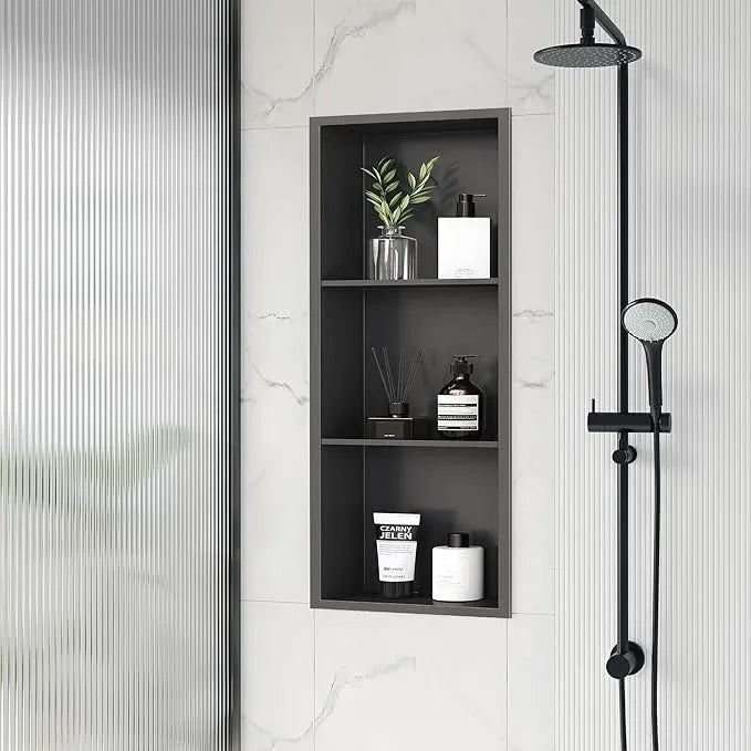 Qeke Stainless Steel Shower Niche 12" X 29", No Tile Needed Wall Niche Three-Tier, Recessed Shower Shelf for Bathroom Storage, Gun Metal - ModernBath