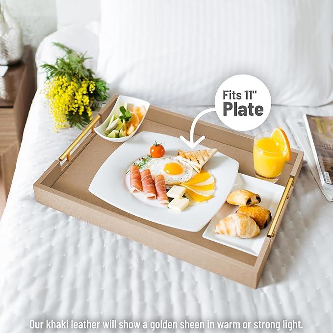 ATZYmolin 17" x 12" Wood Serving Tray with Gold Polished Metal Handles, Home Decorative Wooden Rectangle Ottoman Leather Decor Platter Bathroom Vanity Tray for All Occasions Khaki - ModernBath