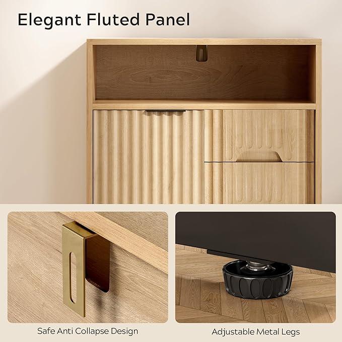 Fluted Kitchen Cabinets Set of 2, Modern 3 Drawers Storage Organizer with Sliding Doors Adjustable Shelf Wood Storage Cabinets for Bathroom Dining Room Living Room - ModernBath