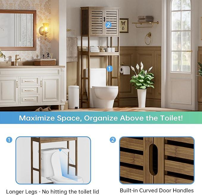 SMIBUY Bathroom Storage Shelf with Cabinet, Bamboo Over-The-Toilet Organizer Rack, Freestanding Toilet Space Saver with 3-Tier Adjustable Shelves (Walnut) - ModernBath