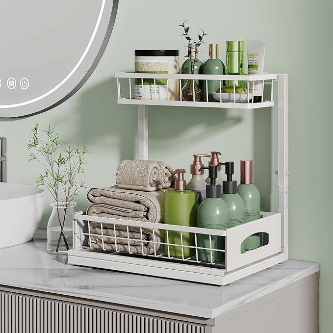 Under Sink Organizer and Storage, Height Adjustable Cabinet Organizer with Slide Out Drawer, Pull Out Under Sink Storage, Multi-Purpose 2 Tier Sink Shelves for Kitchen Bathroom Pantry (White, 1 Pack) - ModernBath