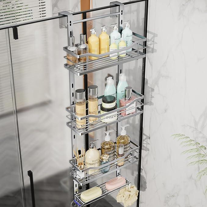 SWTYMIKI Over the Door Shower Caddy - 4 Tier Adjustable Shower Organizer Hanging with Soap Holder, No Drilling Stainless Steel Bathroom Rack Hanging for Body Wash, Shampoo, Soap, Razor, Silver - ModernBath