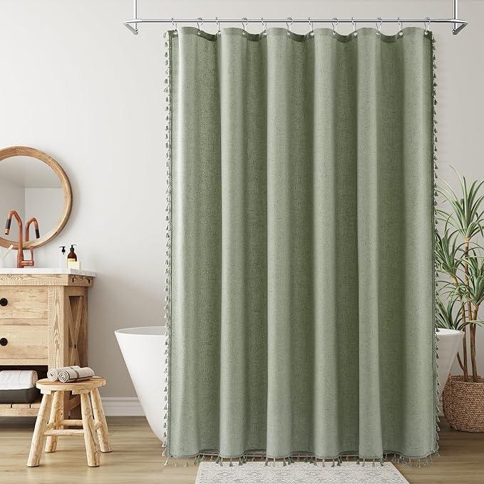 Nanspring Extra Long Sage Green Boho Linen Shower Curtain 90 Inch Textured Farmhouse Tassel Fabric Bath Curtains Set with Hooks Modern Cottage Aesthetic Retro Shower Curtain for Bathroom 72x90, Green - ModernBath