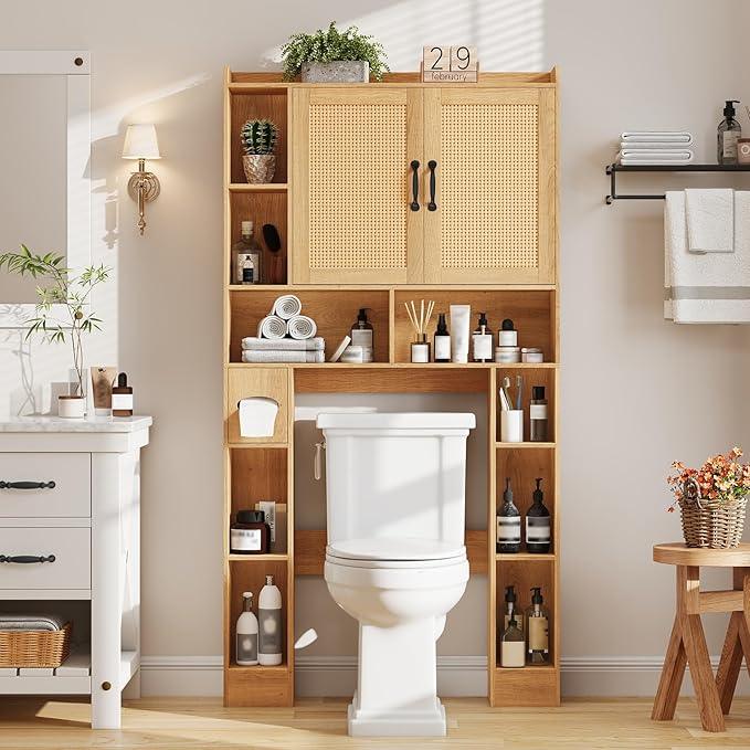 Vabches Farmhouse Style Rattan Over-The-Toilet Storage Cabinet with 2 Rattan Doors, Toilet Paper Holder - Space-Saving Oak Bathroom Organizer. - ModernBath