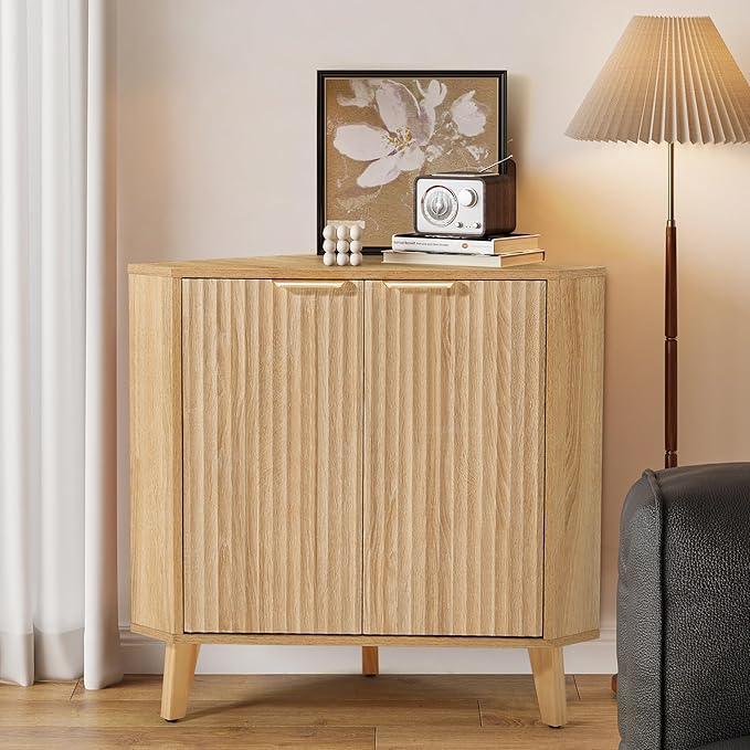 HOMREST Fluted Corner Cabinet with Storage and Power Outlet, Adjustable Shelve, Freestanding Sideboard Buffet Cabinet, Multifunctional Organizer for Living Room Kitchen, Bathroom (Natural) - ModernBath