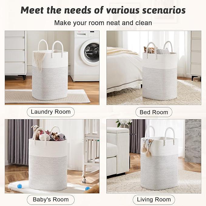 Laundry Basket,Woven Cotton Rope Laundry Hamper,Versatile Storage for Dirty Clothes,Baby Toys,and Blankets in Bathroom, Nursery,and Living Room (White, 60L) - ModernBath