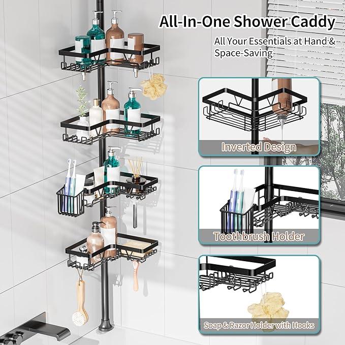 KEGII Shower Caddy Corner Tension Pole with Toothbrush Holder - Adjustable Corner Shower Organizer with Tooth Brush Holder, No Drilling Rustproof Bathroom Shelf Storage Rack, Fits 25-114.2 Inch - ModernBath