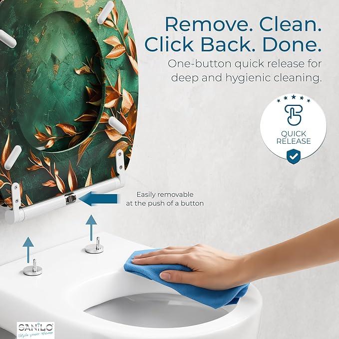 Sanilo Wooden Toilet Seat with Quick Release & Soft Close [ROUND] - Decorative & Slow Close Molded Wood Seat - With One Click for Easy Installation & Cleaning - With Adjustable Fit (Greego) - ModernBath