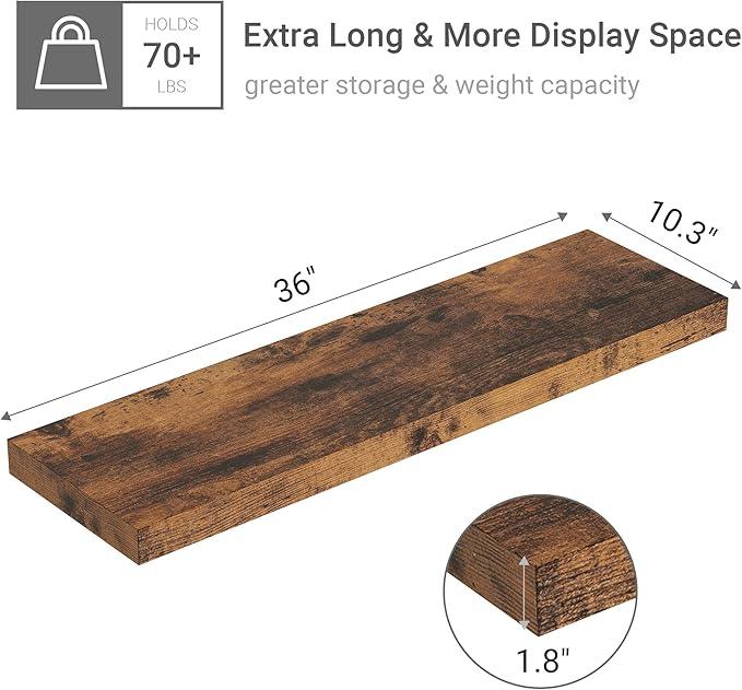 Vivelove Floating Shelves 10 inches Deep, 36x10 Shelves for Room，Wall Shelves for Bedroom, Living Room, Kitchen, Office, Bathroom Farmhouse Shelf, Home Decor with Invisible Bracket, Rustic Brown - ModernBath