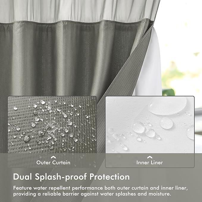 Mrs Awesome No Hook Shower Curtain with Snap-in LinerLess Time On/Off, Embossed Waffle-Look Textured Fabric Shower Curtain for Bathroom, Soft & Lightweight, 71x74, Gray - ModernBath