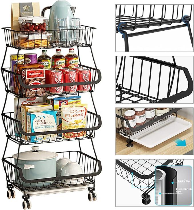 Metal Wire Baskets with Wheels, Stackable Storage Bins Kitchen Organizer Shelf 3-4-5-6 Tier Fruit Vegetable Cart Dishes Seasonal Rack Shelves for Garage, Pantry, Bathroom and Produce holder - ModernBath