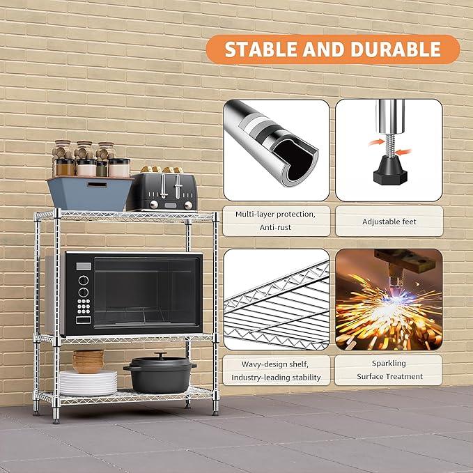 750 lbs 3 Tier Storage Rack Metal Wire Shelving Unit, Storage Standing Shelf Organizer for Laundry Bathroom Kitchen Pantry Closet Garage Basement Utility Room, Chrome 13.8" D x 29.5" W x 35.5" H - ModernBath