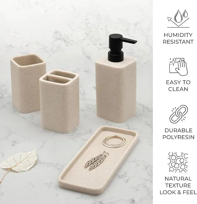 ZCCZ Black Bathroom Accessory Sets, 4 Pieces Bathroom Accessories Complete Set Vanity Countertop Accessory Set Marble Look, Includes Lotion Dispenser Soap Pump, Tumbler, Toothbrush Holder and Tray - ModernBath