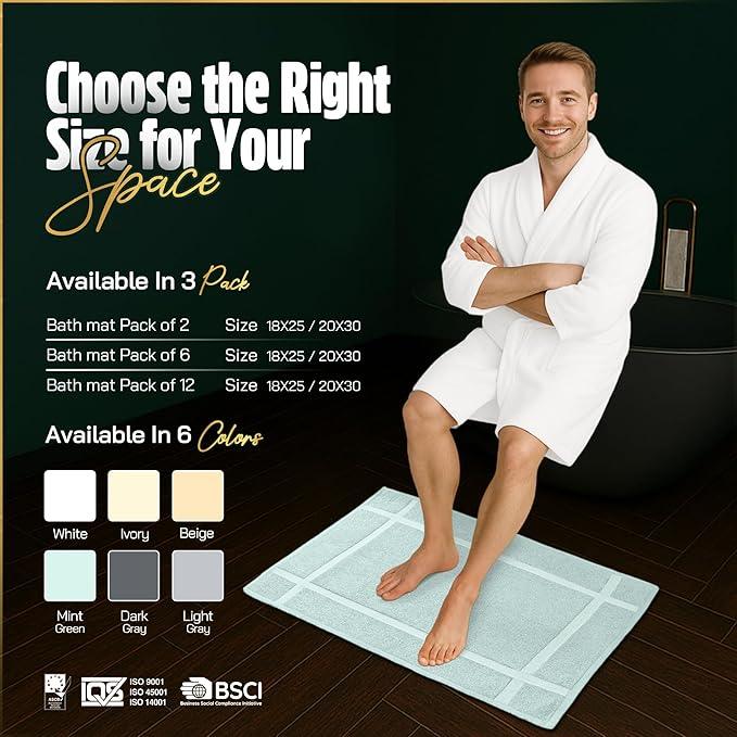 Pearl Linens Pack of 6 100% Cotton Bath Mat 20x30 inches, Soft & Absorbent Quick Dry Bathroom Mat Set, Not Bathroom Rugs, After Shower Mat, Bath Tub Mat, 687 GSM, Machine Washable, Mint Green - ModernBath