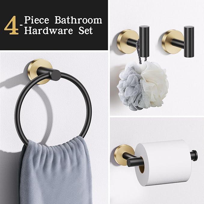 Lairuier Bathroom Hardware Set, 4-Piece Towel Holder Set Include Toilet Paper Holder,Towel Ring and 2 Towel Hooks Stainless Steel Wall Mounted Bathroom Hardware Accessories Set (Black and Gold) - ModernBath