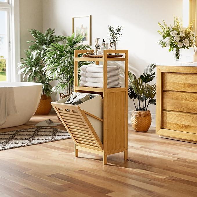 HITNET Tilt Out Laundry Hamper, Bamboo Laundry Basket with Foldable Bag and 2 Open Shelves, Freestanding Clothes Storage Organizer for Bedroom, Bathroom, Living Room, Natural - ModernBath
