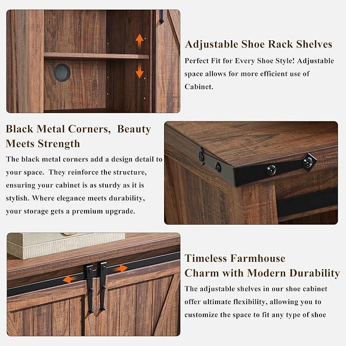 OKD Storage Cabinet with 2 Sliding Door, 7-Tier 62" Tall Farmhouse Entryway Shoe Cabinet, Freestanding Rustic Hidden Shoe Organizer for Entryway, Rustic Walnut - ModernBath