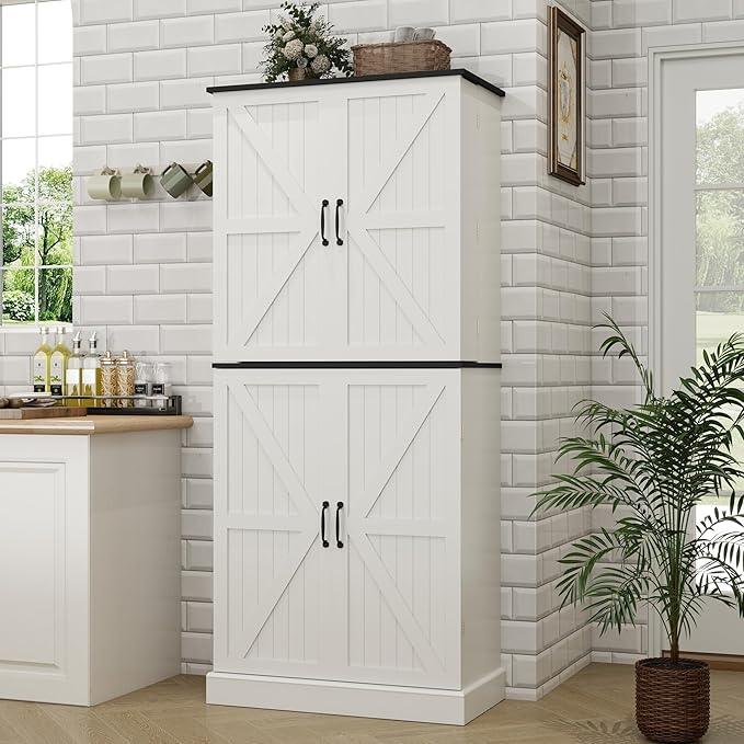 72" Tall Storage Cabinet, White Farmhouse Pantry Cabinet, 31.5" Wide Freestanding Storage Cabinet with 4 Adjustable Shelves, Hidden Drawer & Rustic Wood Finish for Kitchen, Dining Room, or Entryway - ModernBath