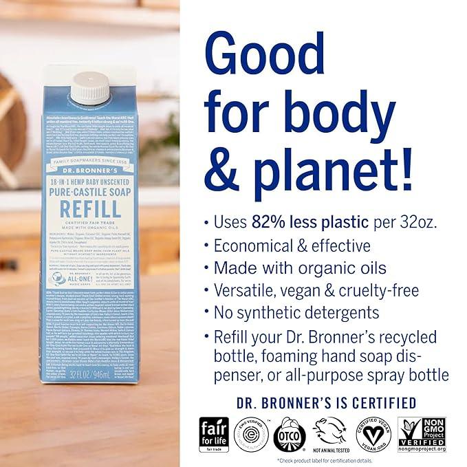 Dr. Bronner's Pure-Castile Liquid Soap Refill - Made with Regenerative Organic Certified Oils, 86% Less Plastic - 18-in-1 Uses, For Face, Body Wash, Hand Soap Refill & More - Baby Unscented, 32oz - ModernBath