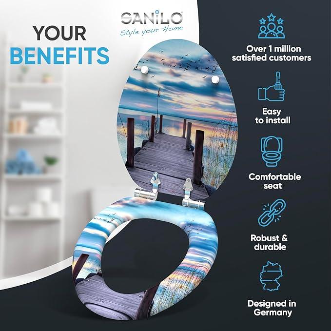 SANILO Wooden Toilet Seat with Soft Close [ELONGATED] - Decorative, Quiet & Slow Close Molded Wood Seat - With Strong Bumpers & Hinges - Adjustable Fit - Sunset - ModernBath