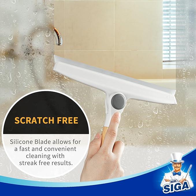 MR.SIGA All Purpose Silicone Squeegee for Shower Door, Mirror, Glass, Streak Free Shower Squeegee, Pivoting Bamboo Handle, Includes 1 Suction Hook, 10 inch Wide, 1 Pack - ModernBath