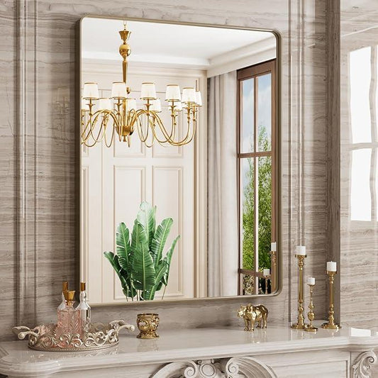 JISOSO Bronze Bathroom Mirror 28x36 Inch, Brushed Bronze Metal Frame Mirror for Wall, Rounded Rectangle Bathroom Vanity Mirror with Tempered Glass, Anti-Rust, Horizontal/Vertical - ModernBath