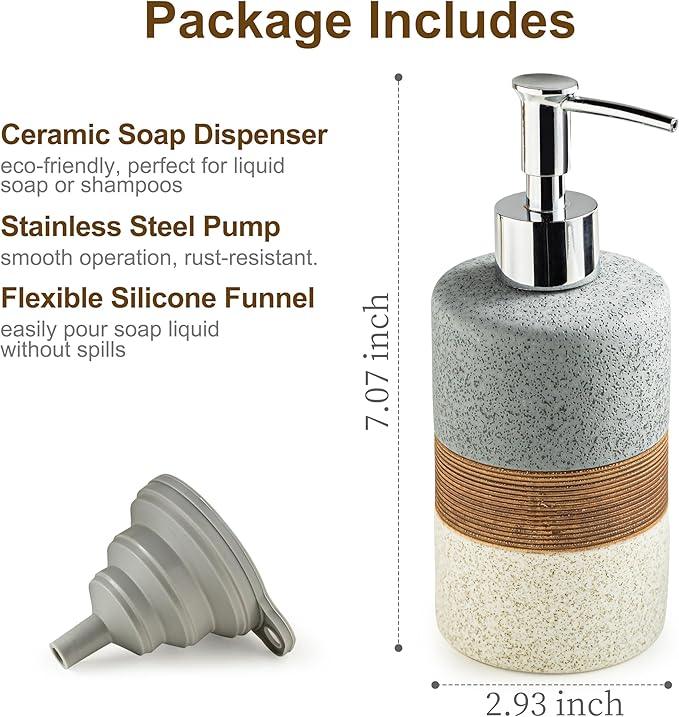 Cormomu Ceramic Soap Dispenser Set for Hand Soap, Shampoo, Dish Soap, Conditioner, Bathroom & Kitchen, Stainless Steel Pump, Includes Silicone Funnel, 12 Oz, Non-Slip, Elegant Kitchen Decor, Gray - ModernBath