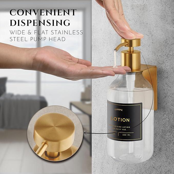 Shampoo & Conditioner Dispenser - Shower Soap Dispenser Wall Mounted - 16.9 Oz Plastic Bottle with Pump & Holder - Shampoo Dispenser - Shower Dispenser Chamber No Drill (1 X Clear/Gold) - ModernBath