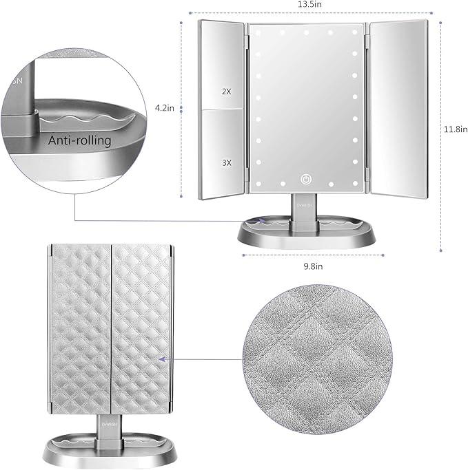 deweisn Trifold Lighted Vanity Makeup Mirror with 21 LED Lights,1/2/3 Magnification and Dimming,Two Power Supplies Makeup Mirror,Gift for Women - ModernBath