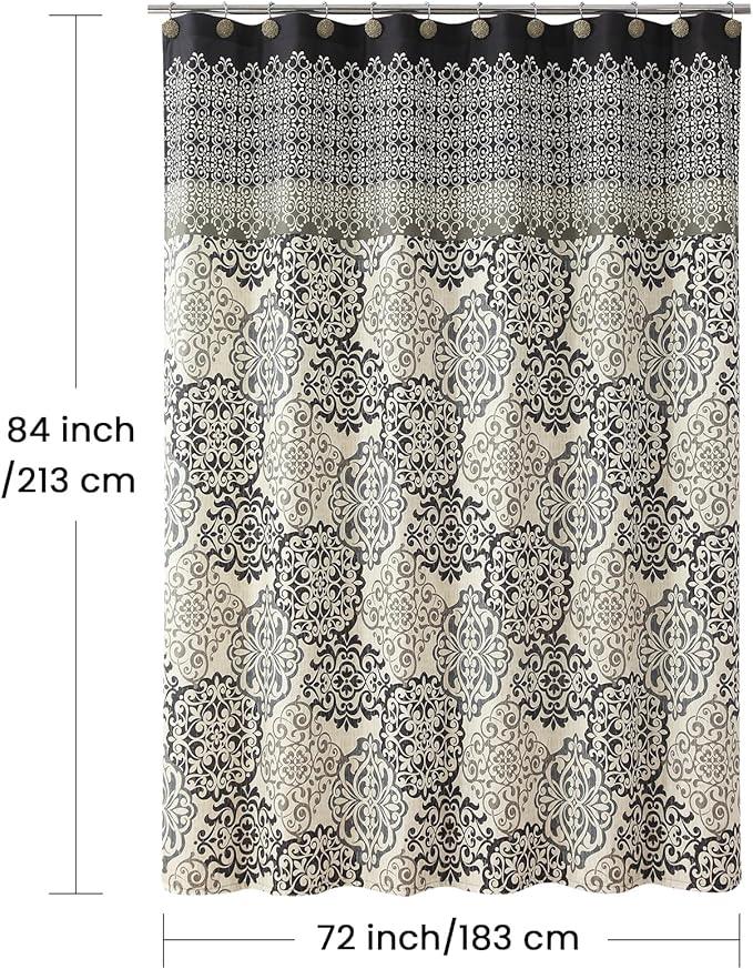 BESTRIPES Extra Long Fabric Shower Curtain, Black and Beige Boho Medallion Print Shower Curtains for Bathroom, 72" W x 84" H - ModernBath