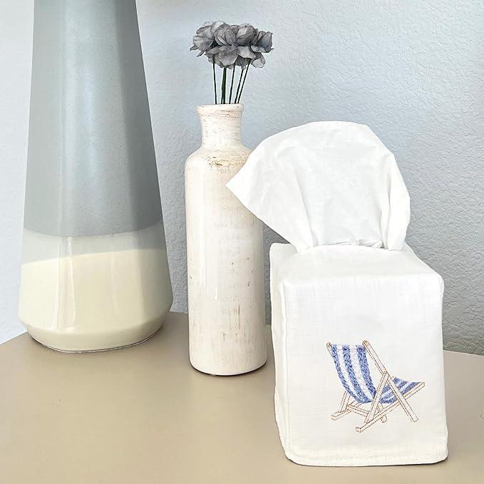 Jacaranda Living Square Tissue Box Cover, Linen/Cotton Fabric Tissue Holder, Decorative Cloth Tissue Cube Cover, Coastal Designs Deck Chair (Blue) - ModernBath