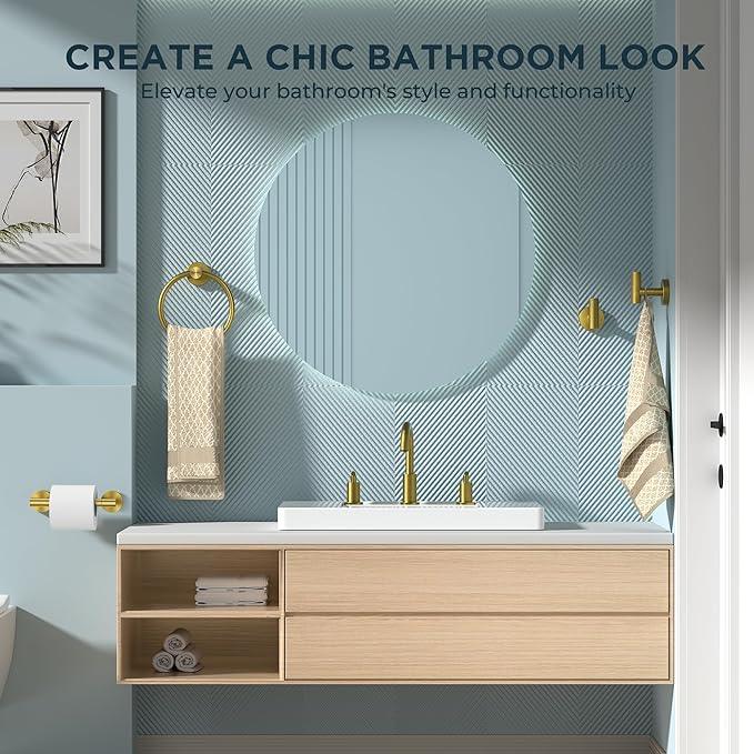 FORIOUS 4 Piece Bathroom Accessories, SUS304 Stainless Steel Double Post Pivoting Toilet Paper Holder, Towel Ring and 2 Towel Hooks, Wall Mounted Bathroom Hardware Set (Dark Gold) - ModernBath