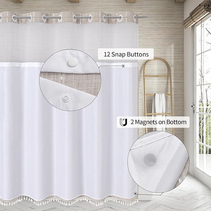 MitoVilla No Hooks Needed Farmhouse Shower Curtain with Snap-in Liner - with Window & Magnets, Taupe Boho Cotton Linen Fabric Shower Curtains with Tassels for Rustic Bathroom Decor, 72 x 74 - ModernBath