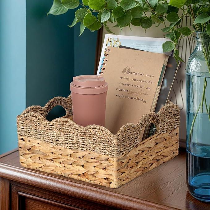 Scalloped Baskets (Natural-Set of 2) Wicker Basket For Decor, Basket Living Room Organizer, Bathroom, Bedroom, Laundry,... Water Hyacinth Mix Seagrass Storage Baskets with Built-in Handles. - ModernBath