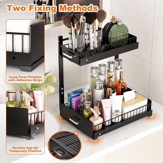 Under Sink Organizer,2 Tier Slide Out Kitchen Cabinet Organizers with Pulley,Under Bathroom Sink Pull Out Organizer with Multiple Height Adjustments for Kitchen and Bathroom Cabinets(Black) - ModernBath
