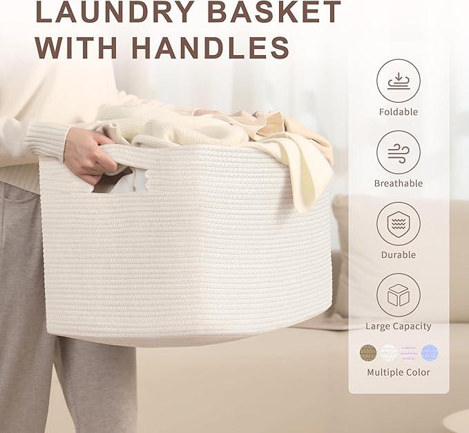 86L Large Baby Girls Laundry Basket for Nursery Storage,Cute Woven cotton Rope Baskets for Kids Toy，Gifts, Boho Square Wicker Blanket hamper for Living Room,Bedroom Dirty Clothes, White - ModernBath
