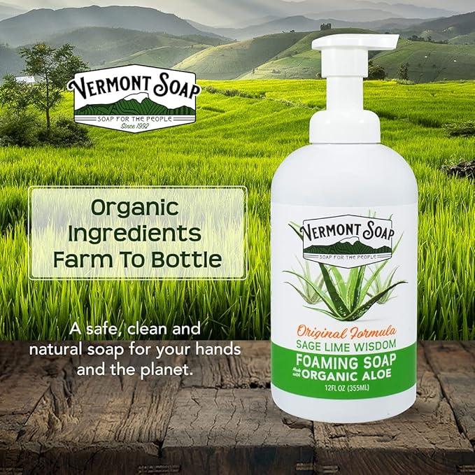 VERMONT SOAP Organic Sage Lime Wisdom Foaming Hand Soap - Natural Moisturizing Soap for Dry Skin - Fragrance Free Liquid Bathroom Hand Soap Dispenser - Sage Lime Wisdom - 12 oz - ModernBath