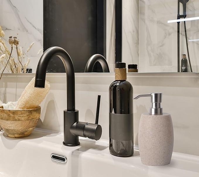 Clasin Home Sandstone Textured Resin Soap Dispenser with Metallic Pump and Waterproof Bottle Labels for Bathroom Kitchen Dish Hand Wash Shower Lotion Shampoo, 12 Oz, Beige - ModernBath